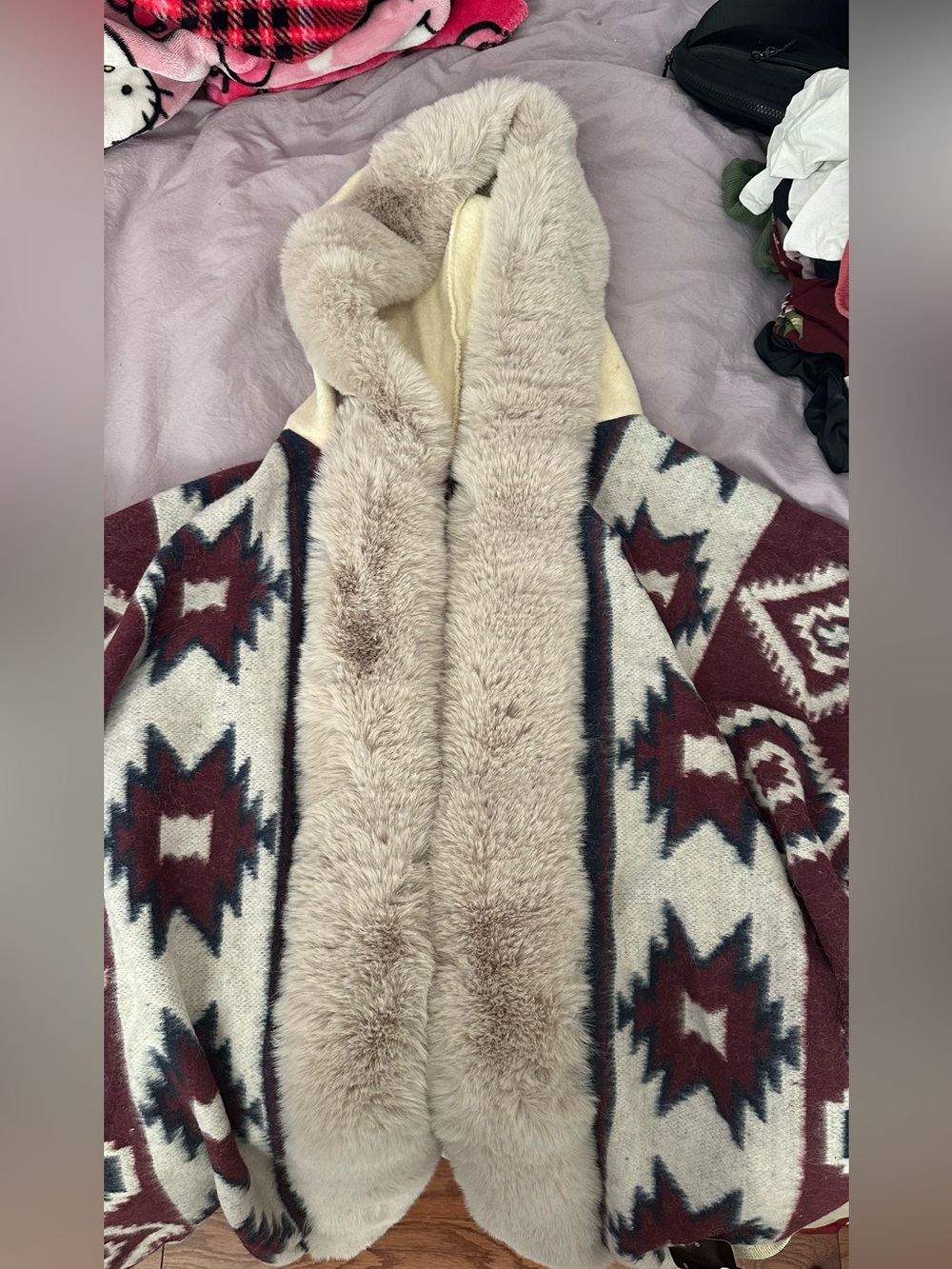 Aztec Pattern Hooded Coatigan with Faux Fur Trim - Burgundy & Cream